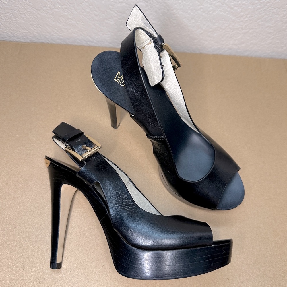 Michael Kors Carina Slingback Peep Toe Leather Platform Pumps | Size 5 | Black